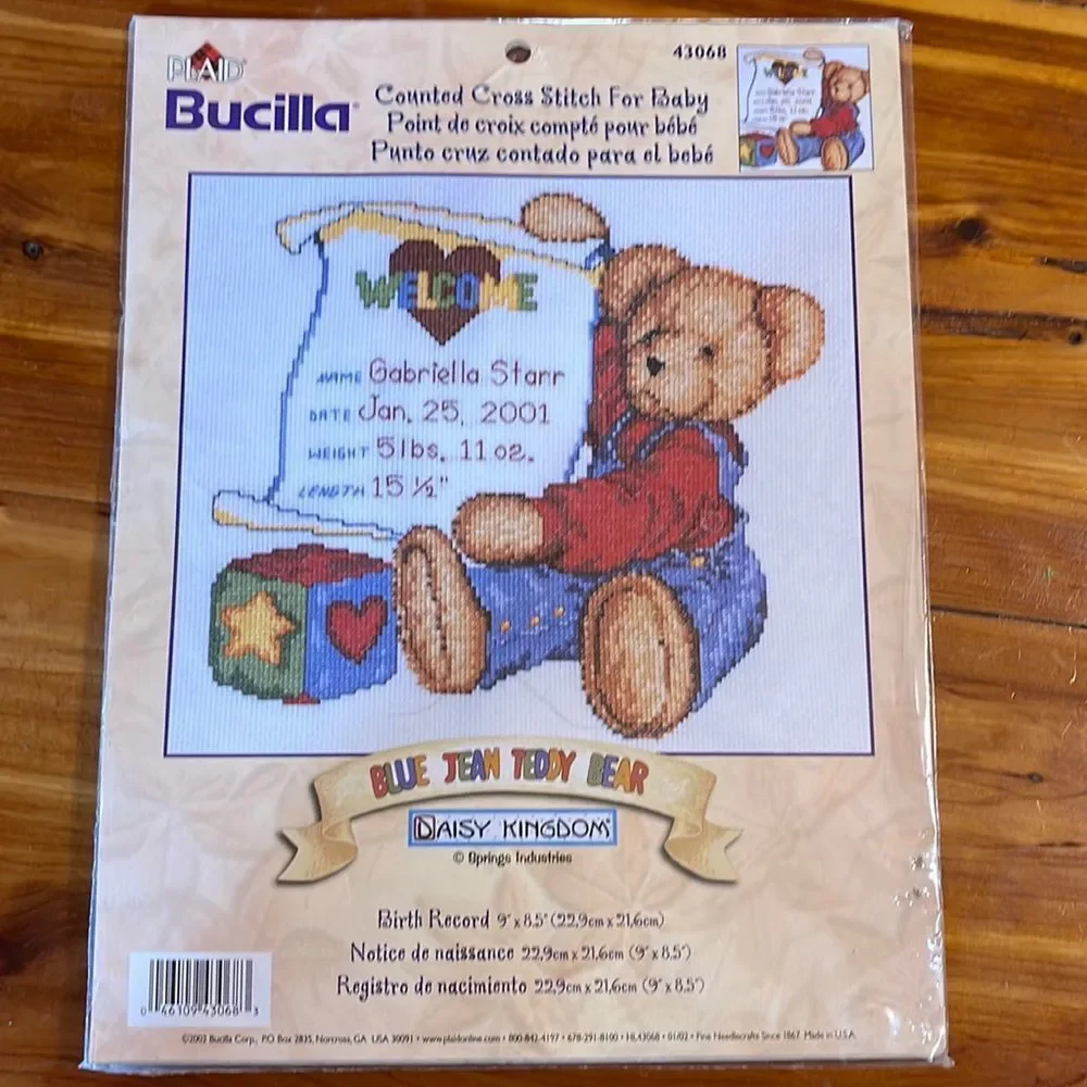 Bucilla Counted Cross Stitch for Baby Blue Jean Teddy Bear New Unopened